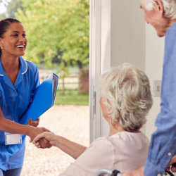 Senior Couple With Woman In Wheelchair Greeting Nurse